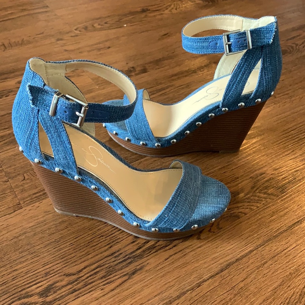 Jessica Simpson denim wedges with silver studs